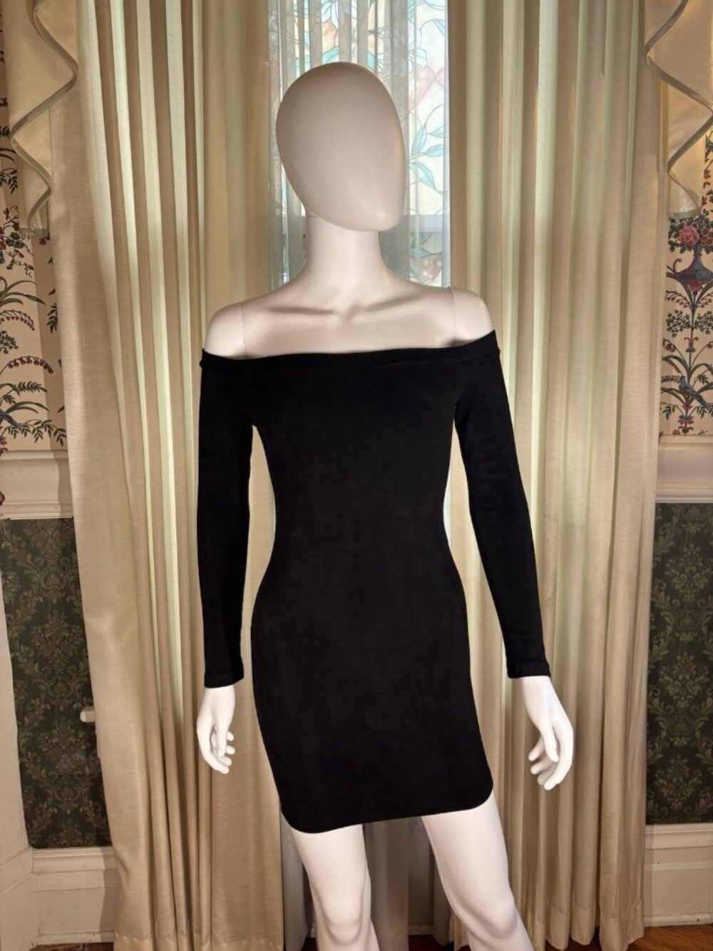 Black Faux Suede Off Shoulder Stretch Bodycon Mini Dress Small Y2K 90s Bombshell